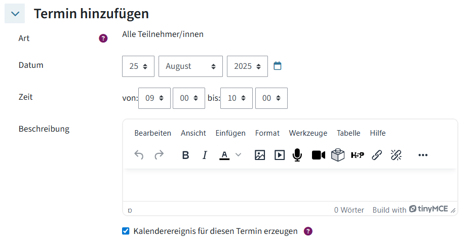 Das ist das Menü, wenn man einen Termin hinzufügt. Dort kann man das Datum, das Zeitfenster etc. anpassen und eine Beschreibung hinzufügen.