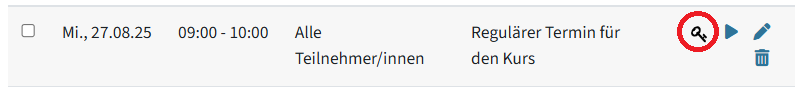 Das ist ein bereits angelegter Termin, rechts sind vier Symbole. Rot eingekreist ist das Schlüssel-Symbol.