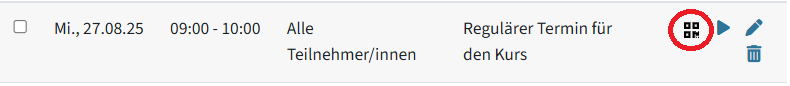 Das ist ein bereits angelegter Termin, rechts sind vier Symbole. Rot eingekreist ist das QR-Code-Symbol