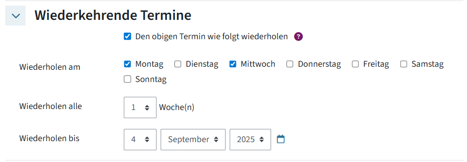 So wird ein wiederkehrender Termin anlegt. Häkchen bei "den obigen Termin wie folgt wiederholen" wurde gesetzt.