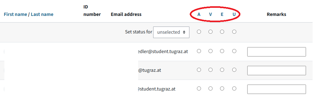 Shows list of all students with the 4 default statuses