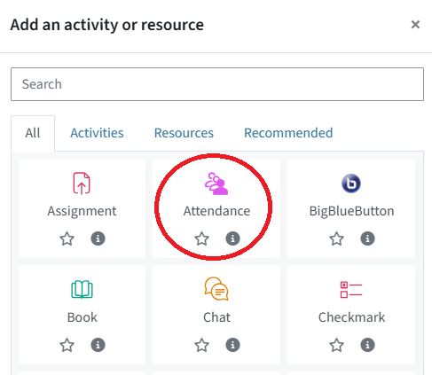 menu showing all activities/resources available with "Attendance" circled in