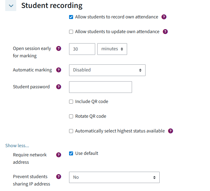This is the menu ‘Student recording’ with all configurable settings