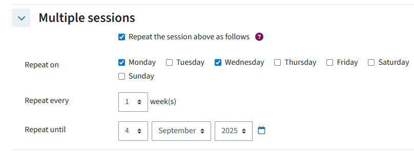 shows the menu "multiple sessions" with the box "Repeat the session above as follows" ticked off.