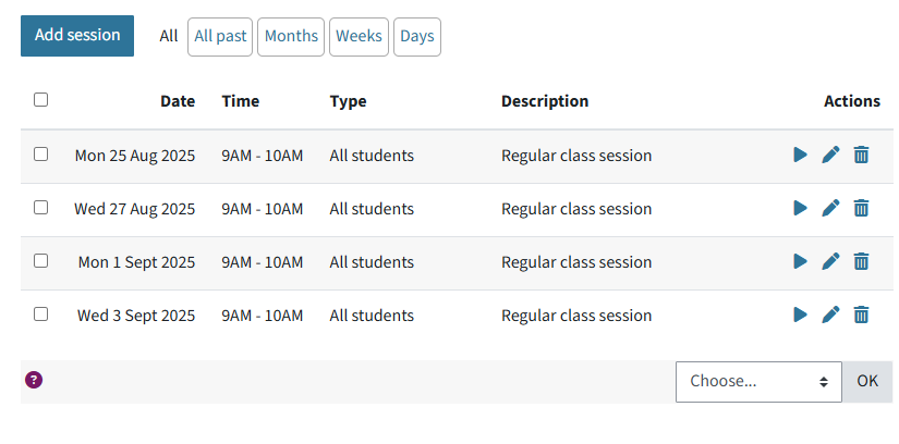This table shows four recurring sessions.