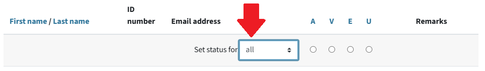 Shows list of students in the course. The Input item "all" after "Set status for" is marked by an arrow.