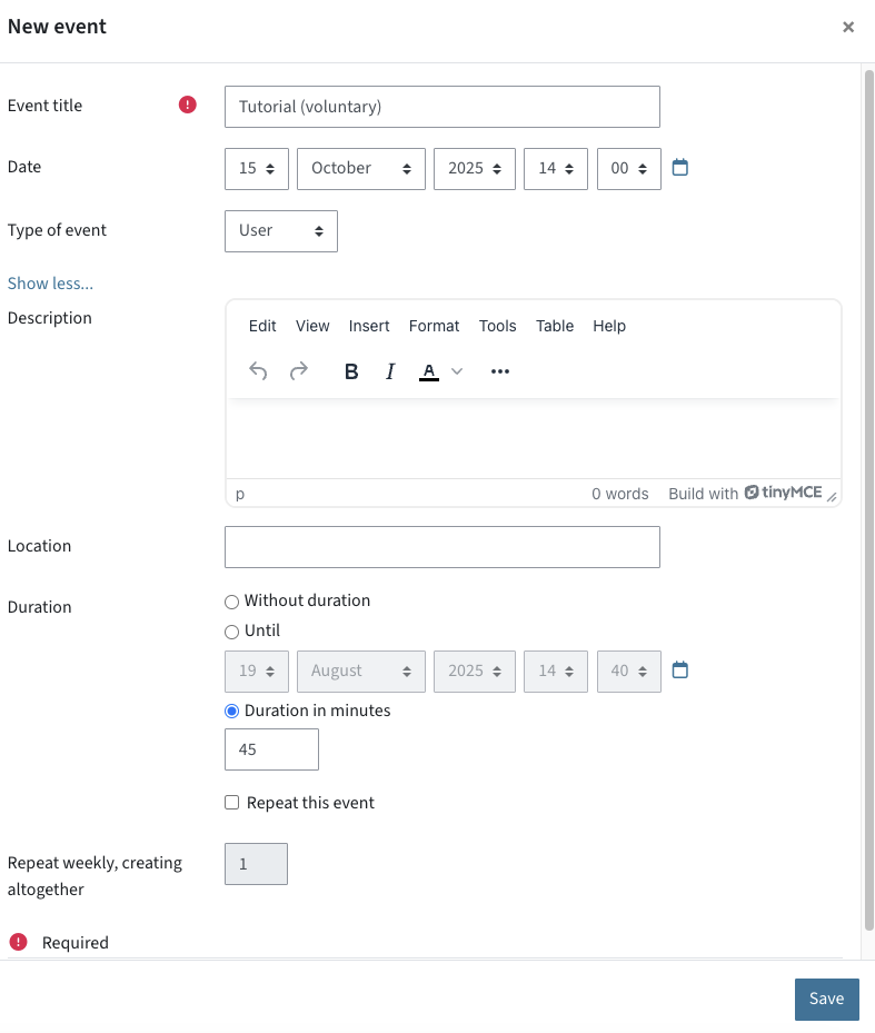 Interface for filling out details about a new personal appointment
