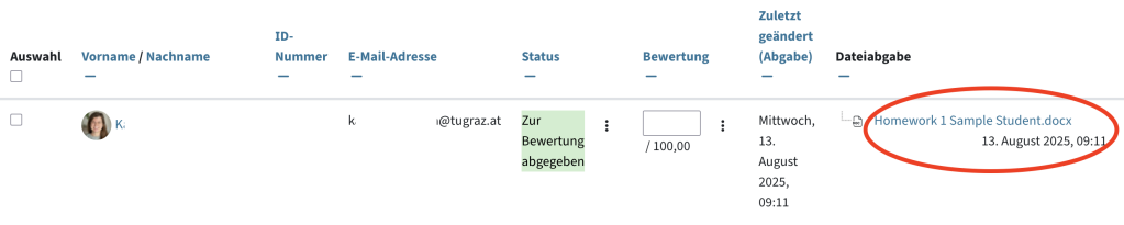 In der Spalte Dateiabgabe können einzelne Dateien heruntergeladen werden
