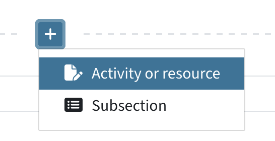 Click on the plus after any activity to add an activity or resource