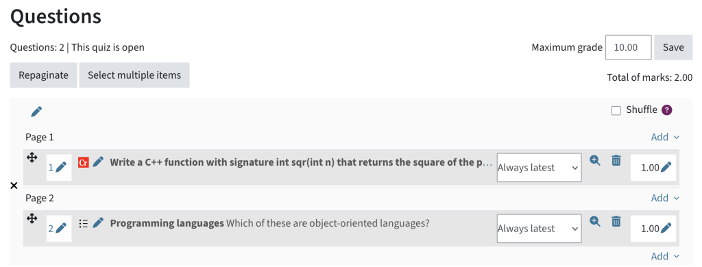 Options to edit question number, which version to use and the points per question