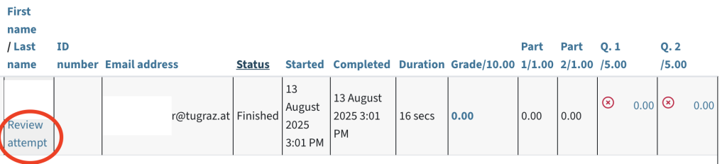 Review attempt: Click the link below the student name in the table of results