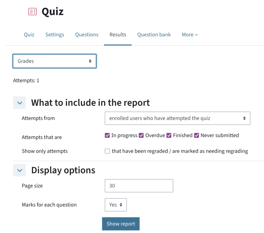 What to include in the report and display options for creating a grade report