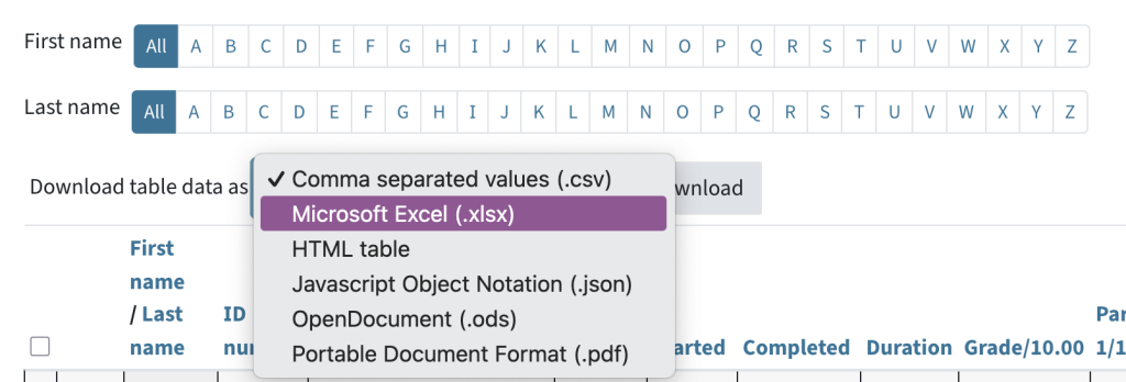 Download table data as...select a format