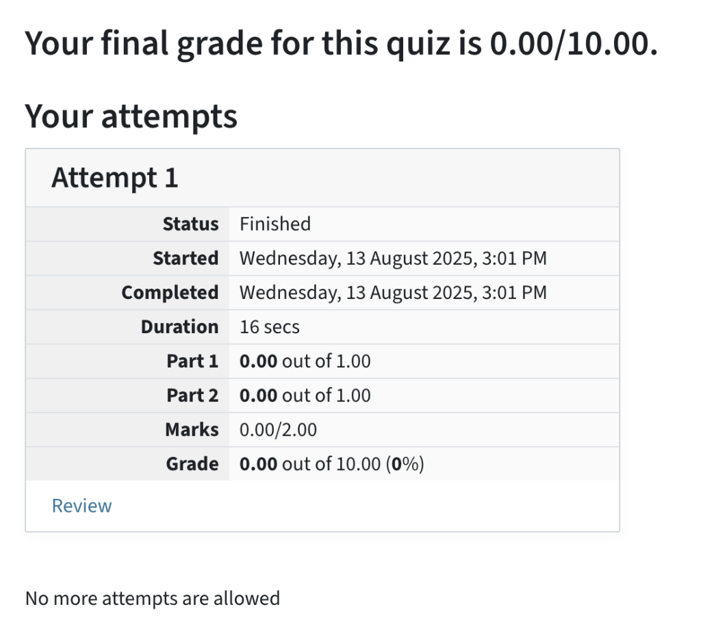 Final grade with individual grades for separate quiz sections and overall grade