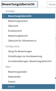Export von Bewertungen finden Sie im Dropdown in Bewertungen/Bewertungsübersicht