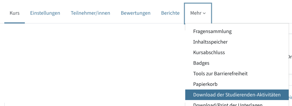 Download der Studierenden-Aktivitäten im Hauptmenü via Mehr