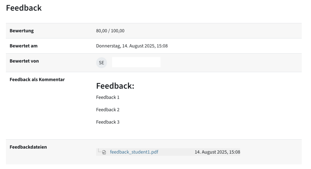 Feedback zu einer Abgabe als Tabelle
