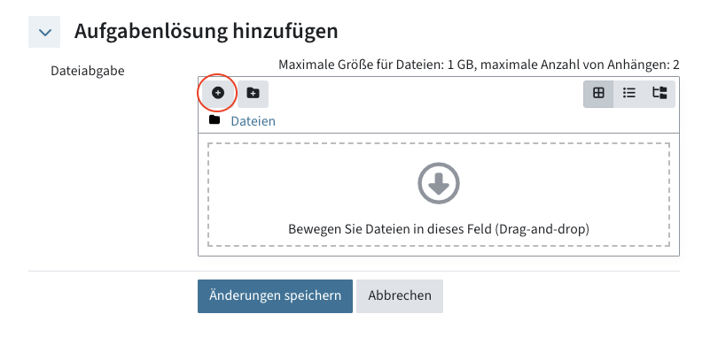 Fenster, in dem eine Datei hochgeladen werden kann. Das Plussymbol ist markiert.
