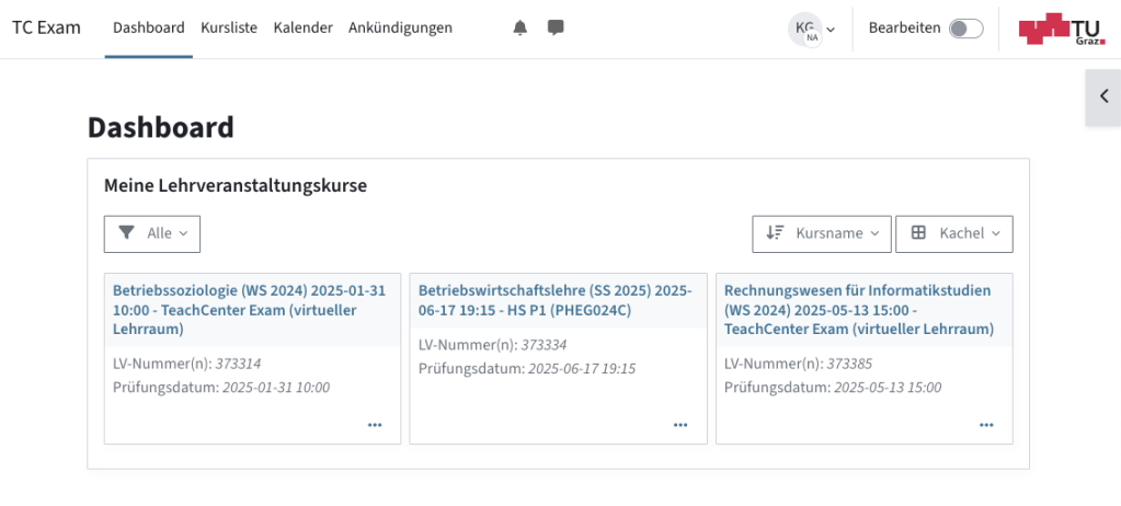 Screenshot des Dashboards im TC Exam mit drei Prüfungen