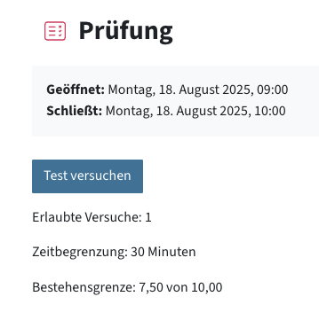 Übersicht über die Prüfung mit dem Button "Test versuchen"