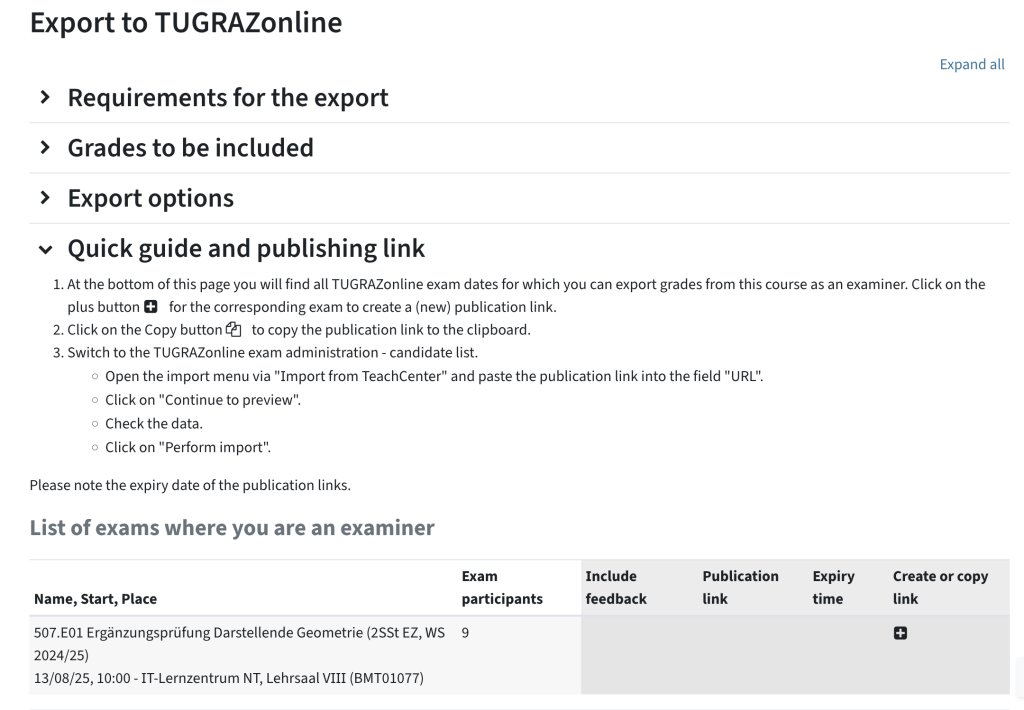 Export to TUGRAZonline with the sections Requirement for the export, Grades to be included, Export options, Quick guide and publishing link