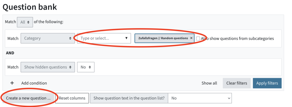 Filter the category, apply filter, then create a new question