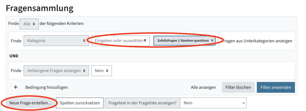 Zuerst Kategorie über den Filter suchen, dann eine neue Frage erstellen