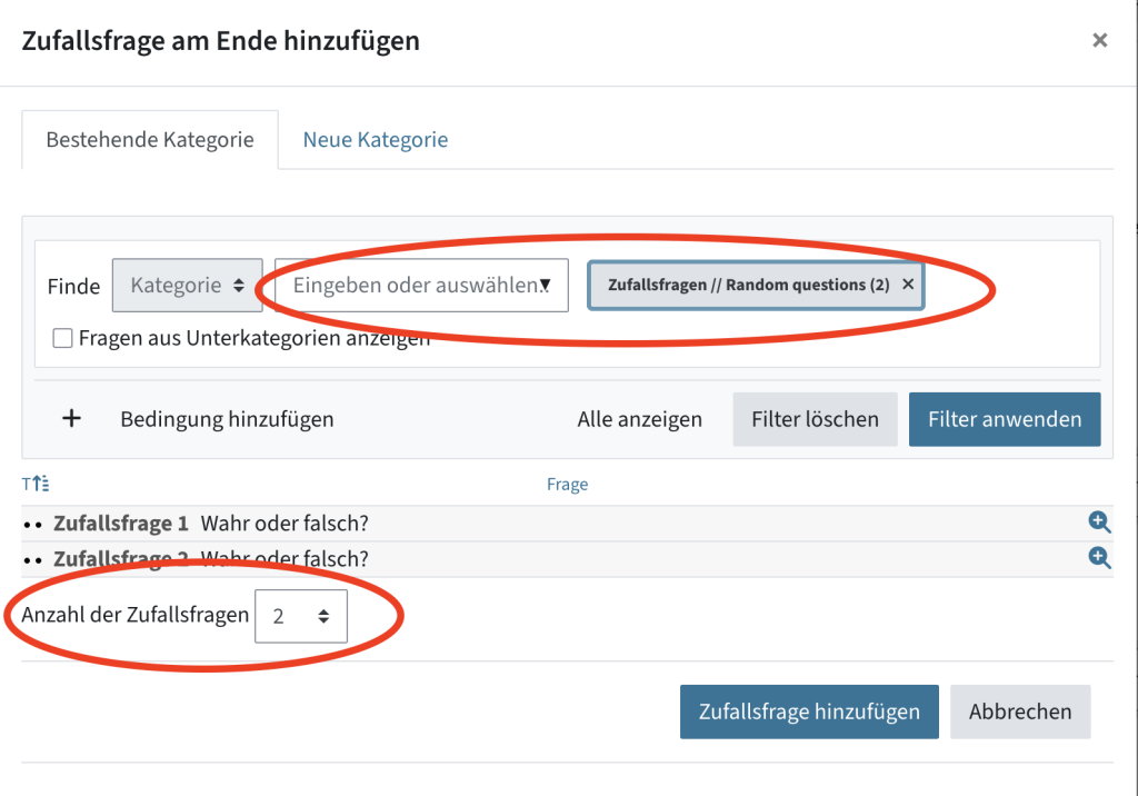 Zuerst die richtige Kategorie im Filter suchen, Filter anwenden, dann die Anzahl der Zufallsfragen auswählen und hinzufügen