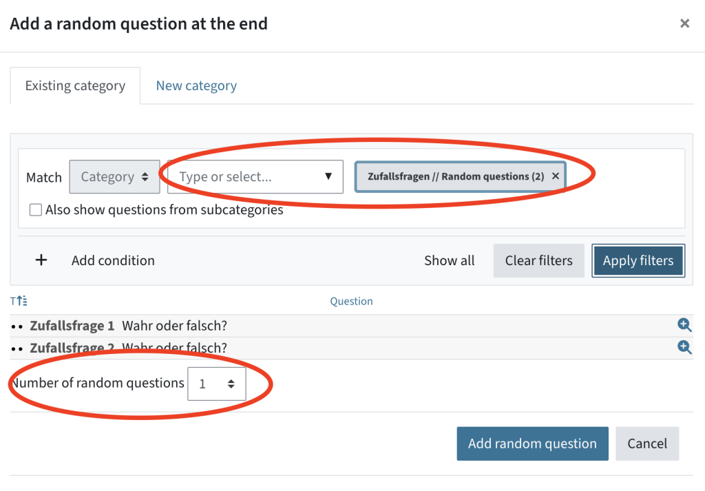 Select the category from the filter, click Apply filters and then select the number of random questions to add