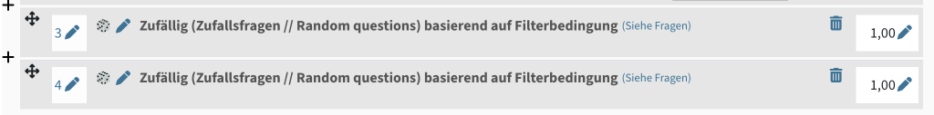 Zufallsfragen sind mit einem Würfel gekennzeichnet und haben einen Punkt