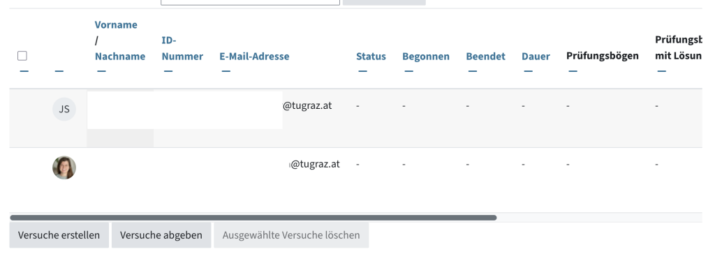 Unter der Tabelle mit den Studierenden findet sich ein Button Versuche erstellen, mit dem ein Quiz mit Zufallsfragen für jede Person erstellt werden kann