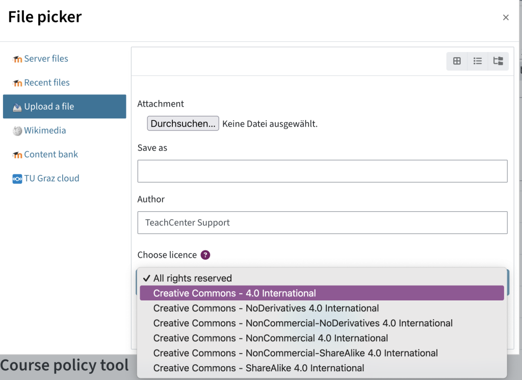In the file picker, choose a licence from the dropdown during upload