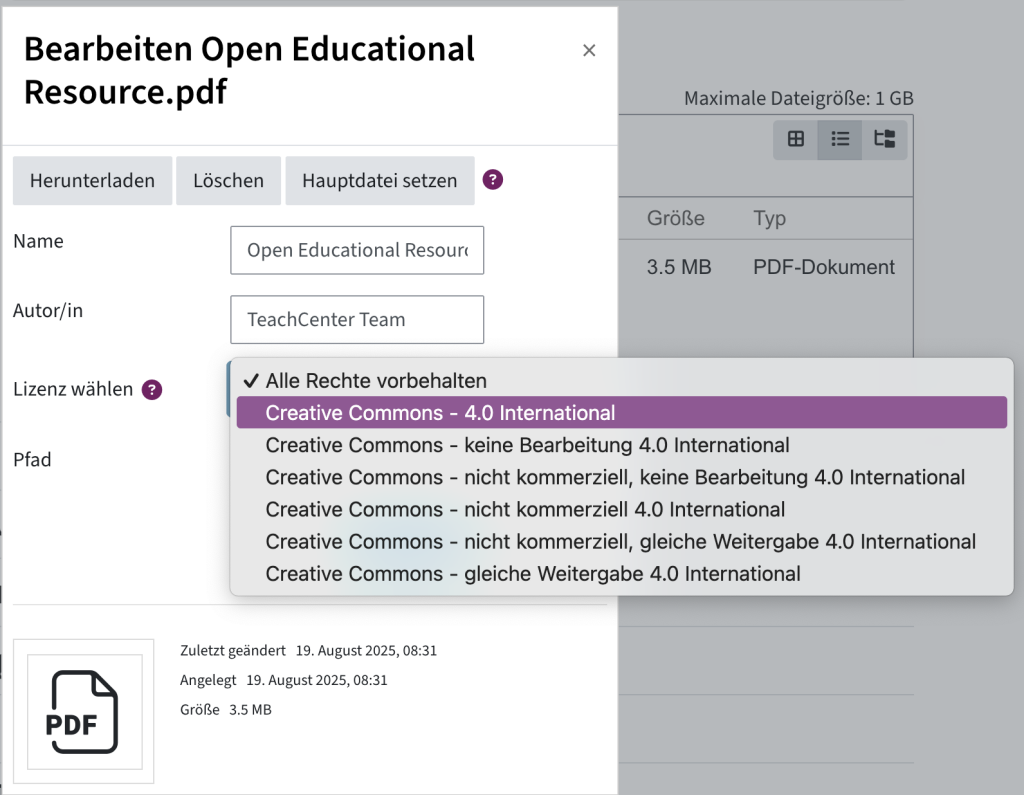 Datei im Editor anklicken, dann aus dem Dropdown eine neue Lizenz wählen
