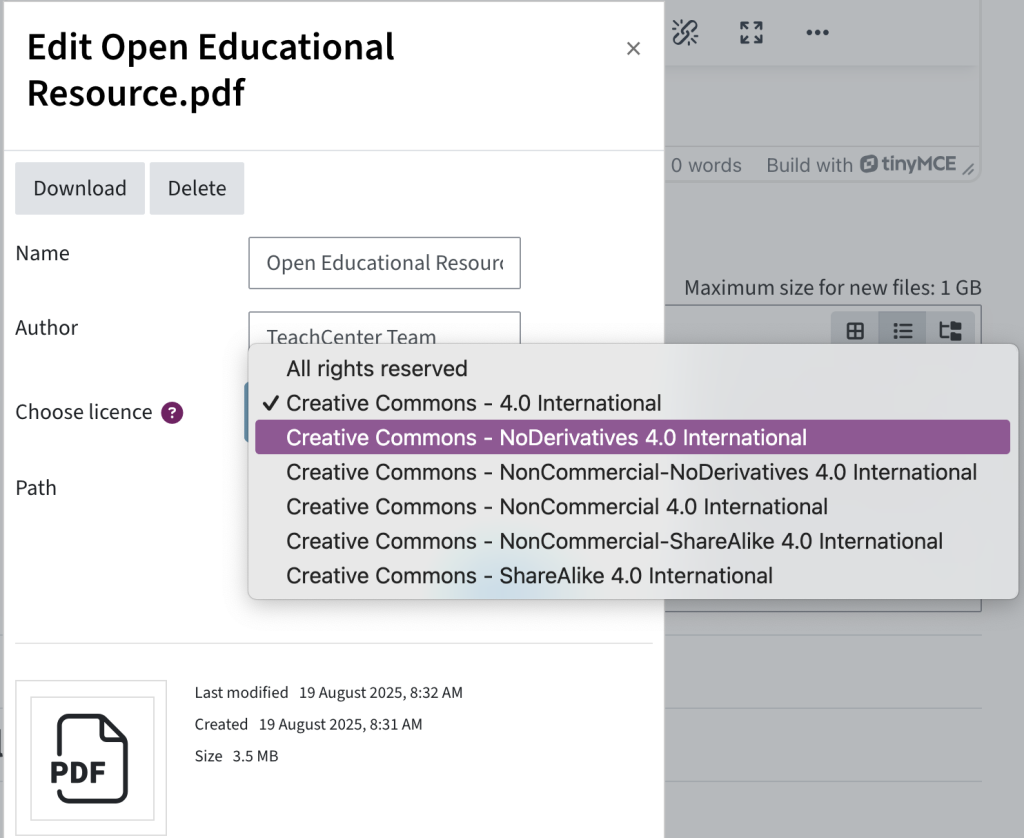Click on the file in the editor and choose a new licence from the dropdown