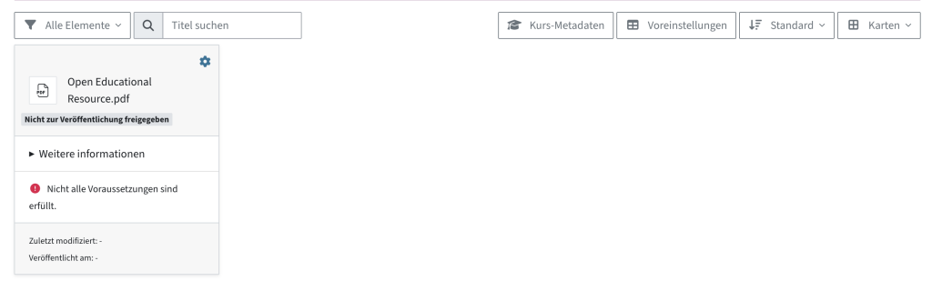 Oben links ist eine Filter- und Suchmöglichkeit, oben rechts sind Buttons für die Kurs-Metadaten, die Voreinstellungen, die Standard-Sortierung und das Design der Karten. Darunter sind die Dateien als Karten oder Liste.