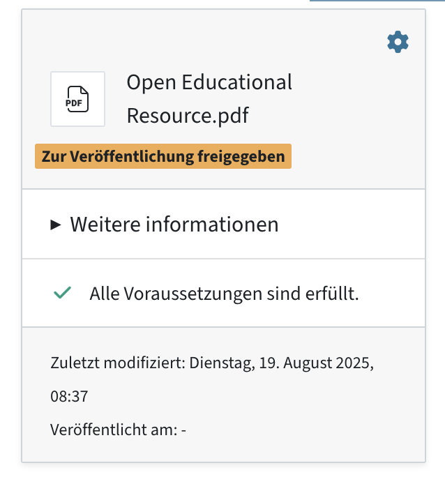 Eine Datei bereit für den Upload zeigt "zur Veröffentlichung freigegeben" und "Alle Voraussetzungen sind erfüllt"