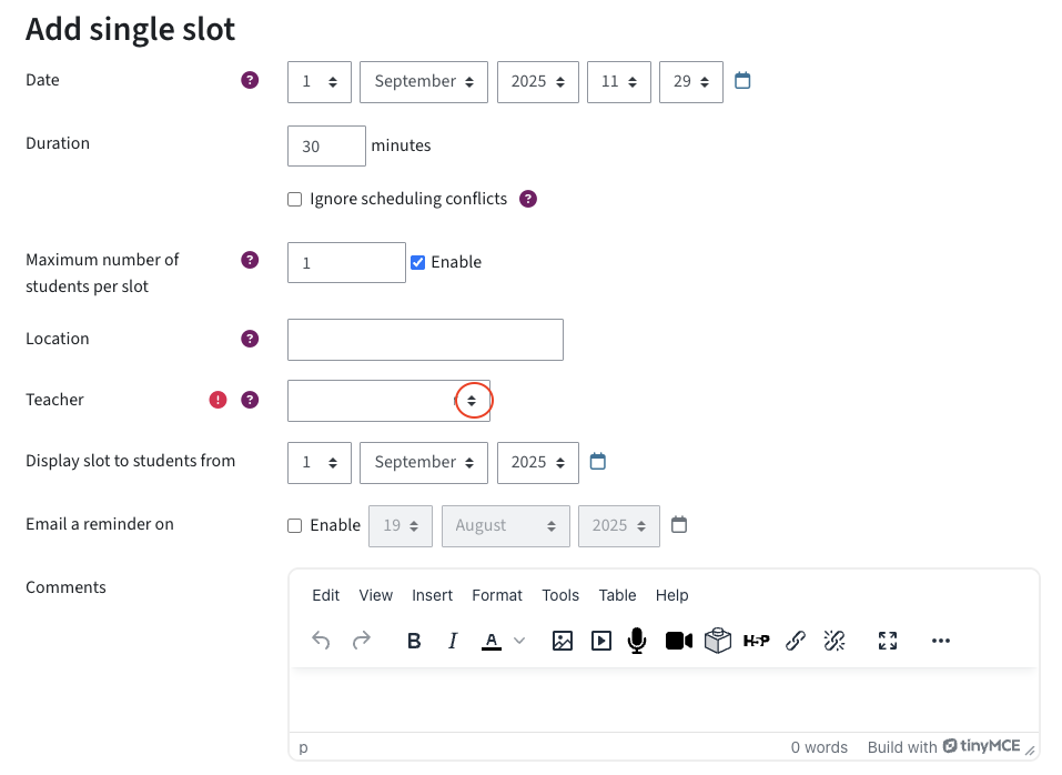 Menu to add single slot with the dropdown menu for "Teacher" circled in