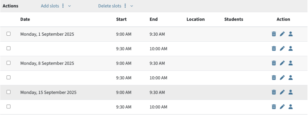 Table of configured repeated time slots with date, start and end time, location, students and action.