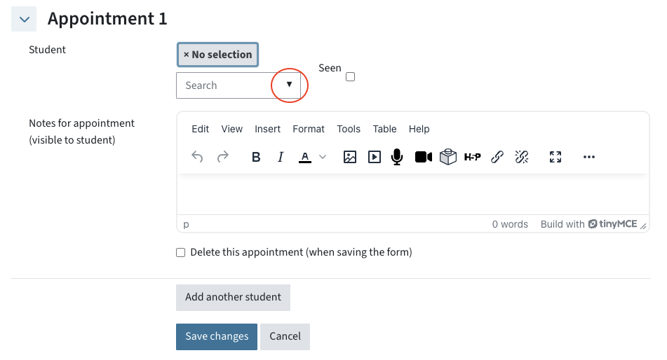 You can see "Appointment 1". There is a dropdown menu where teachers can select students.