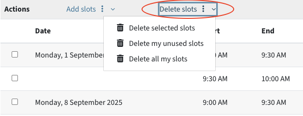 List of time slots. Above the list, there is the option "Delete slots", the dropdowm menu shows all options for deleting.