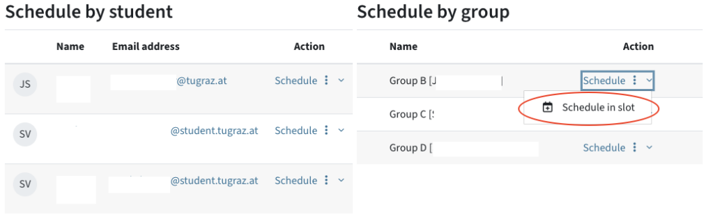 On the left there is a list of students, on the right a menu "Schedule by group" with all groups listed. Next to the groups is a button "schedule in slot".