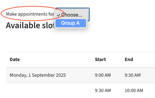 Dropdown menu "make appointments for" where you can choose a group