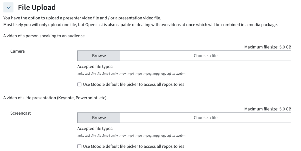 In the file upload section, there are two upload areas, for camera and screencast