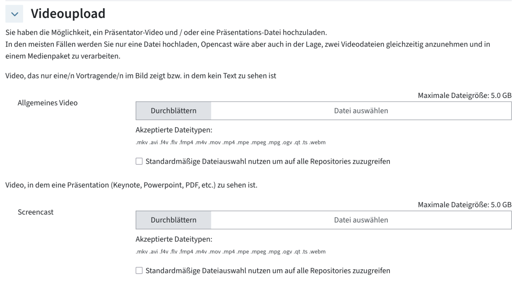 Im Abschnitt Videoupload gibt es zwei Uploadfenster, Allgemeines Video und Screencast