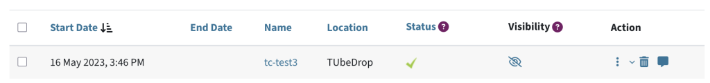 The table shows the start date, end date, name, location, status, visibility and actions menu