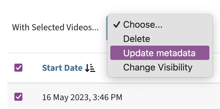 First, select the videos you want with the checkbox in the first column. Then choose with selected videos... and the action you want to do with the videos