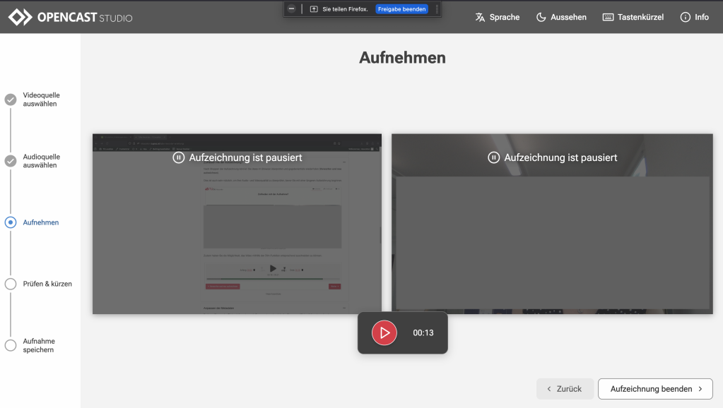 Die Aufnahme kann über den roten Button in der Mitte pausiert werden. Rechts unten ist ein Button Aufzeichnung beenden, wenn Sie zufrieden mit dem Video sind.