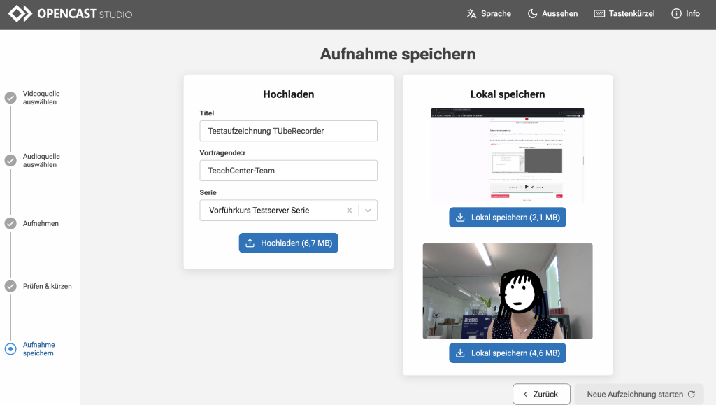 In Aufnahme speichern kann die Aufnahme direkt auf TUbe hochgeladen oder lokal gespeichert werden. Die zwei Spuren können getrennt voneinander gespeichert werden. Rechts unten ist ein Button Neue Aufzeichnung starten.