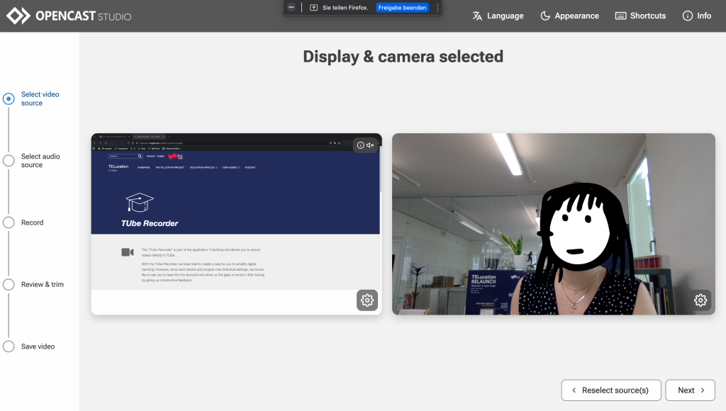In the select video source step, you can select your video and screen to be recorded. You see a preview of both and a gear icon at the lower right corner of both for additional settings. There is a reselect sources button at the lower right if you are not happy.