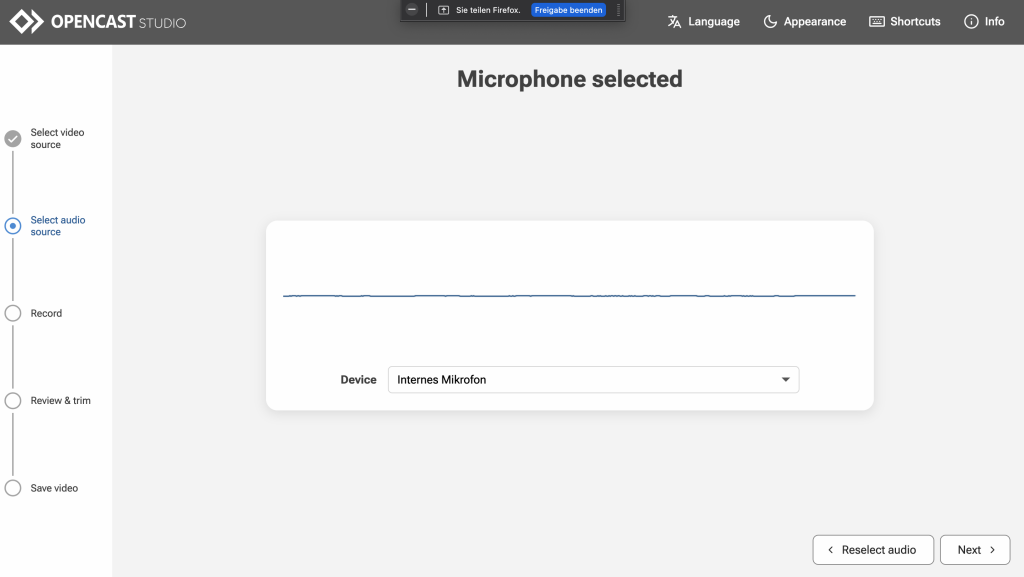 After selecting a microphone, there is a microphone test which shows you visual feedback if the microphone is working. There is a reselect audio button at the lower right if you are not happy.